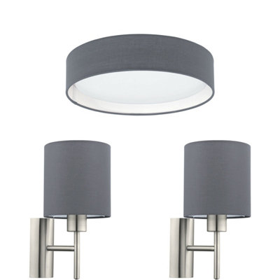 Stylish Grey Fabric Low Ceiling Light with Matching Wall Sconces
