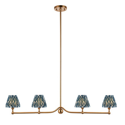 Stylish Hanging Ceiling Pendant Light in Aged Brass with Marlin Blue Shades for Dining Rooms