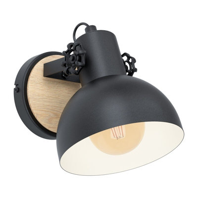 Stylish LED Wall Light Sconce in Black & Wood with Adjustable Shade for E27 Bulb