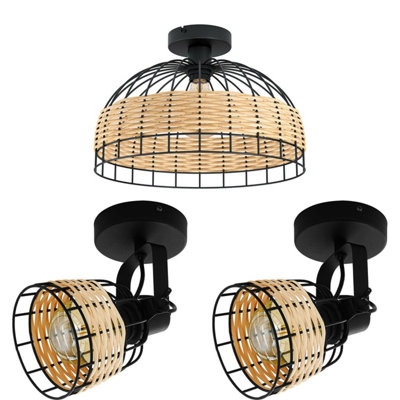 Stylish Low Ceiling Light with 2 Matching Black Wall Lights and Wicker Wood Cage Design