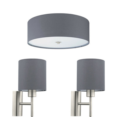 Stylish Low Ceiling Light with 2 Matching Wall Sconces - Grey Fabric Round Shade