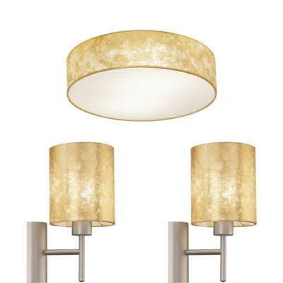 Stylish Low Ceiling Light with 2 Matching Wall Sconces in Elegant Gold Fabric
