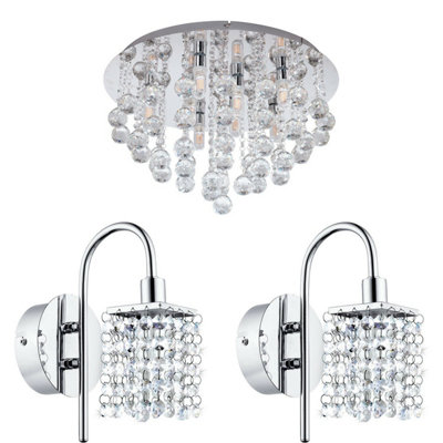 Stylish Low Ceiling Light with Matching Chrome and Crystal Wall Lights for Bathrooms