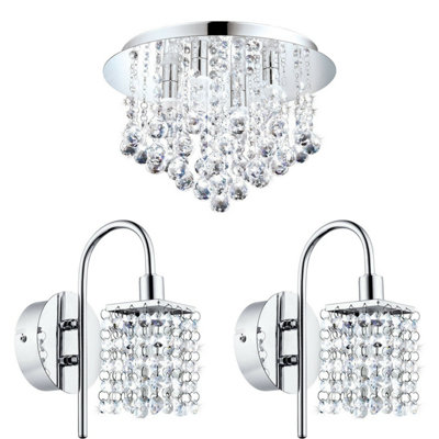 Stylish Low Ceiling Light with Matching Chrome and Crystal Wall Lights for Modern Bathrooms