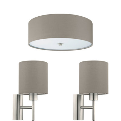 Stylish Low Ceiling Light with Two Matching Wall Sconces in Taupe Fabric