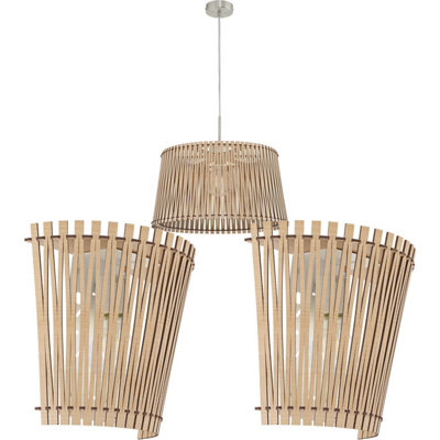 Stylish Maple Wood Ceiling Pendant Light with Two Matching Wall Sconces