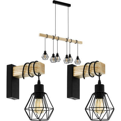 Stylish Multi Bulb Black Cage Pendant Light with Matching Wall Sconces