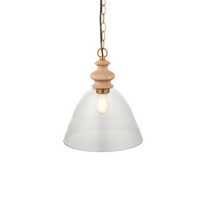 Stylish Natural Ash and Brass Pendant Light with Clear Glass Shade