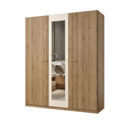 Stylish Oak & Beige Vertina 19 Hinged Door Wardrobe W1790mm H2150mm D590mm - Mirrored Door, Ample Storage