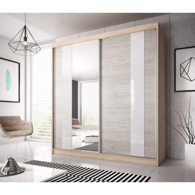 Stylish Oak Sonoma Multi Sliding Door Wardrobe W183cm H218cm D61cm - Kathult Oak & White Gloss Front