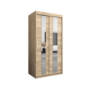 Stylish Oak Sonoma Pole Sliding Door Wardrobe W1000mm H2000mm D620mm - Mirrored Storage with Silver Handles