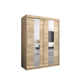 Stylish Oak Sonoma Pole Sliding Door Wardrobe W1500mm H2000mm D620mm Mirrored Elegant Storage Solution