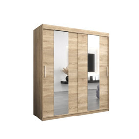 Stylish Oak Sonoma Pole Sliding Door Wardrobe W1800mm H2000mm D620mm Mirrored Elegant Storage Solution