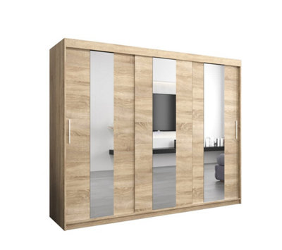 Stylish Oak Sonoma Pole Sliding Door Wardrobe W2500mm H2000mm D620mm - Mirrored Storage with Silver Handles