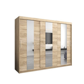Stylish Oak Sonoma Pole Sliding Door Wardrobe W2500mm H2000mm D620mm - Mirrored Storage with Silver Handles