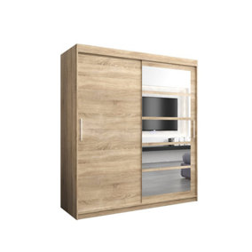 Stylish Oak Sonoma Roma I Sliding Door Wardrobe W1800mm H2000mm D620mm Mirrored Vertical Handles Elegant Storage Solution