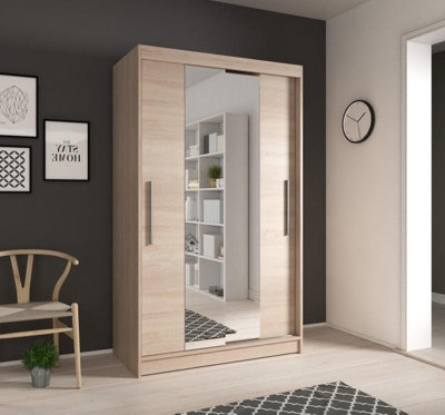 Stylish Oak Sonoma Sliding Door Wardrobe W1200mm H2000mm D610mm with Mirrored Design