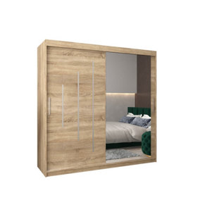 Stylish Oak Sonoma York II Sliding Door Wardrobe W2000mm H2000mm D620mm - Mirrored Storage with Silver Handles
