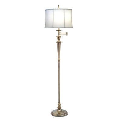 Stylish Off White Swing Arm Floor Lamp with Burnished Brass Finish and LED Bulb