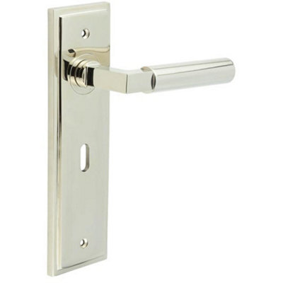 Stylish Polished Nickel Door Handle Lock Backplate for Modern Homes - Solid Brass Interior Lever