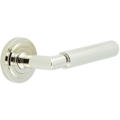 Stylish Polished Nickel Door Handle on Stepped Rose - Solid Brass Interior Handle