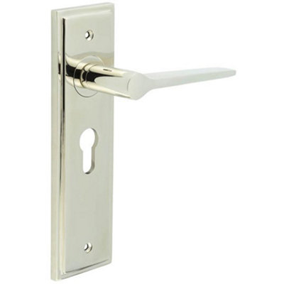 Stylish Polished Nickel Door Handle with Euro Backplate - Solid Brass Interior Handle