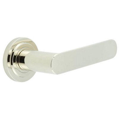 Stylish Polished Nickel Door Handle with Stepped Rose Design - Solid Brass Interior Toilet Handle