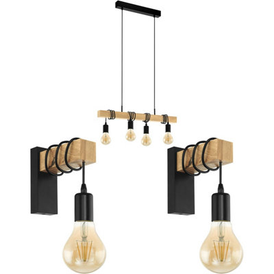 Stylish Quad Ceiling Light with 2 Matching Wall Sconces in Black and Wood Finish