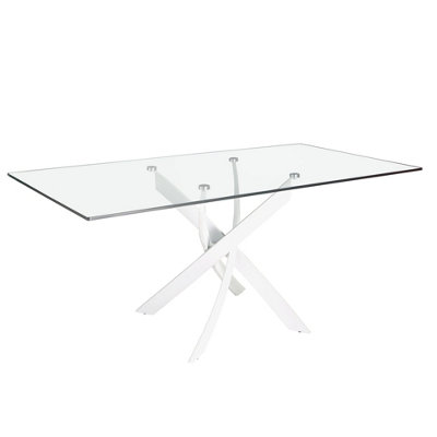 Stylish Rectangular Tempered Glass Dining Table with White Steel Legs