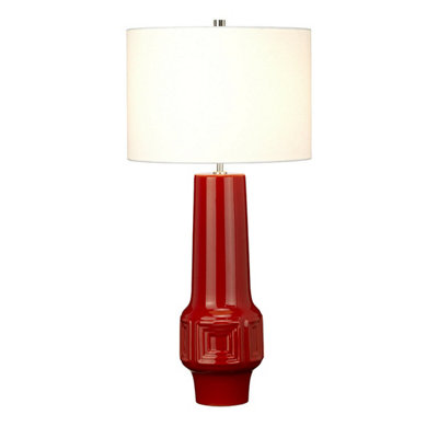 Stylish Red Geometric Table Lamp with White Faux Linen Shade - LED E27 60W