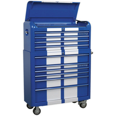 Stylish Retro 10 Drawer Tool Chest and Rollcab Set in Blue and White with Locking Mechanism