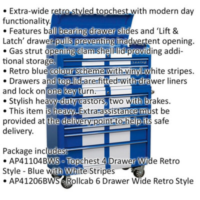 Stylish Retro 10 Drawer Tool Chest and Rollcab Set in Blue and White with Locking Mechanism