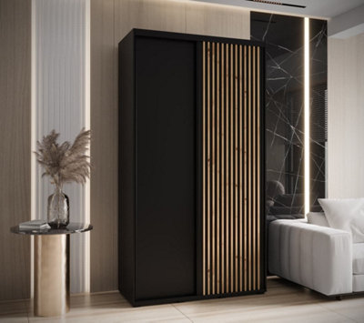 Stylish Sapporo Sliding Door Wardrobe with Lamella Effect - Black Matt (H)2050mm (W)1400mm (D)600mm