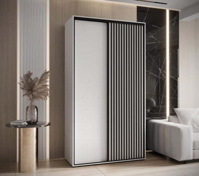Stylish Sapporo Sliding Door Wardrobe with Lamella Effect - White Matt (H)2050mm (W)1400mm (D)600mm
