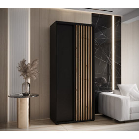 Stylish Sapporo Sliding Door Wardrobe with Shelves and Hanging Rails - Black Matt (H)2050mm (W)1000mm (D)600mm