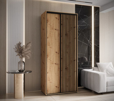 Stylish Sapporo Sliding Door Wardrobe with Shelves and Hanging Rails - Oak Artisan (H)2050mm (W)1000mm (D)600mm