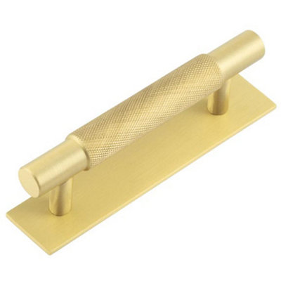 Stylish Satin Brass Cabinet Handle with 96mm Ctrs and Plain Backplate - Kitchen Drawer Pull Handle