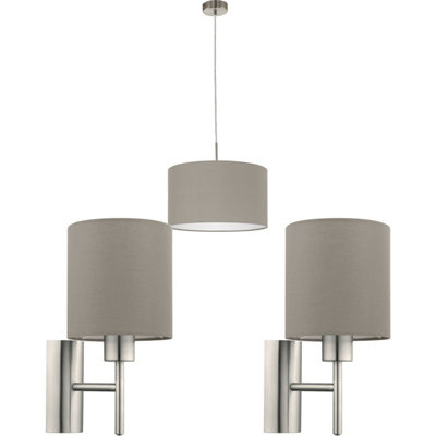 Stylish Satin Nickel Ceiling Pendant Light with 2 Matching Wall Sconces and Taupe Fabric Shades