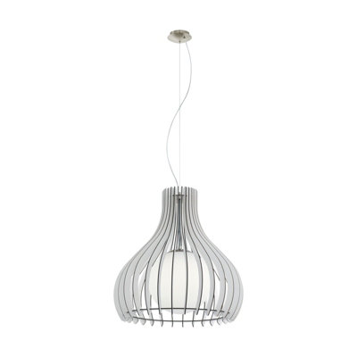 Stylish Satin Nickel Pendant Ceiling Light with White Wood and Glass Shade