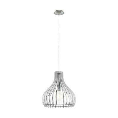 Stylish Satin Nickel Pendant Ceiling Light with White Wood Shade