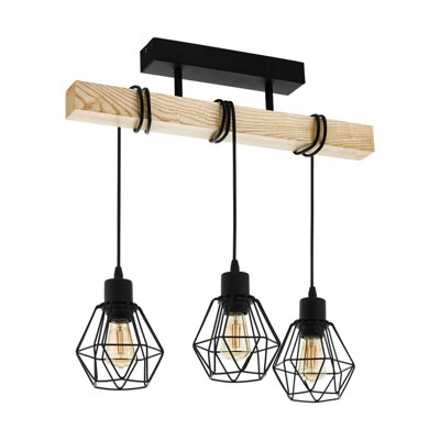 Stylish Semi Flush Ceiling Light in Black Steel and Wood for E27 Bulbs