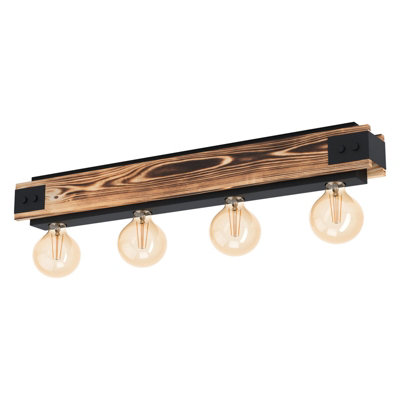 Stylish Semi Flush Ceiling Light with Black Steel and Wood Finish for E27 Bulbs