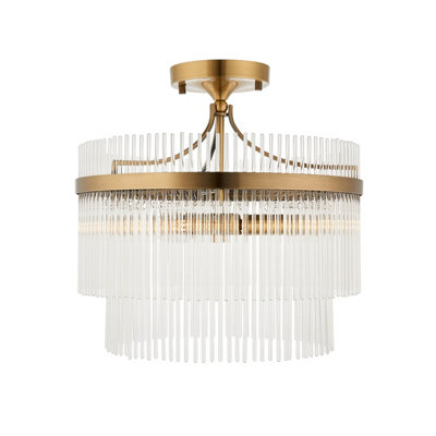 Stylish Semi Flush Mount Ceiling Light in Brushed Aged Brass and White Glass