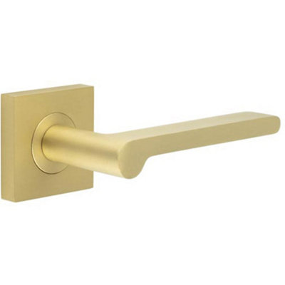 Stylish Square Plain Rose Door Handle in Satin Brass Finish - Solid Brass Interior Handle