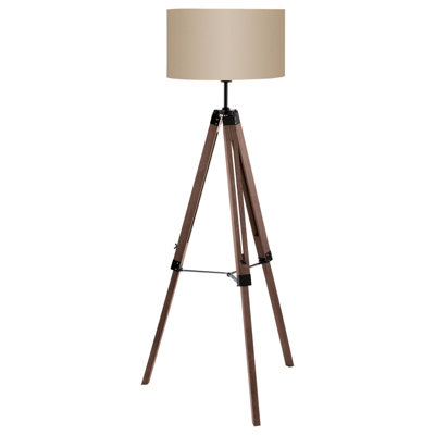 Stylish Tripod Floor Lamp with Wood Legs and Taupe Fabric Shade