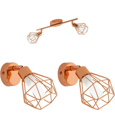 Stylish Twin Ceiling Spot Light with 2 Matching Wall Lights in Copper Geometric Design