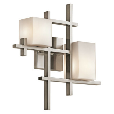 Stylish Twin Wall Light with Opaque Glass Shades in Classic Pewter Finish