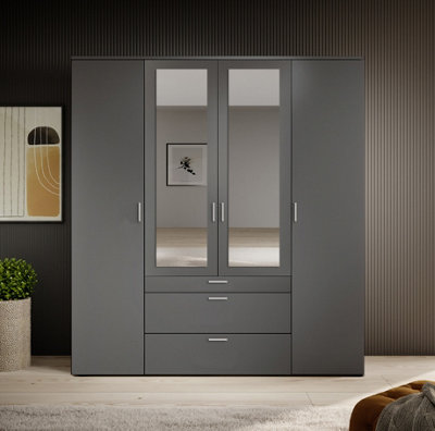 Stylish Vesala 4 Hinged Door Wardrobe with Mirror 1800mm x 1950mm x 560mm - Graphite Matt Finish