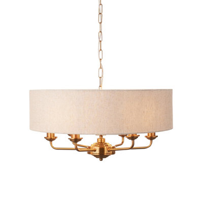 Stylish Vintage Brass 6-Light Pendant Light with Natural Linen Shade