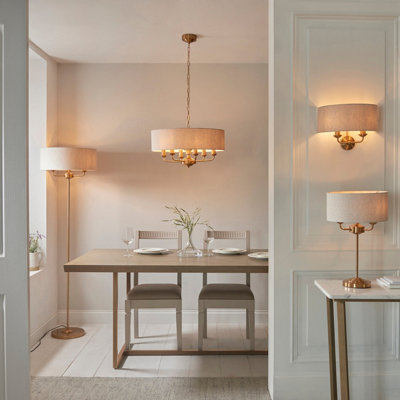 Stylish Vintage Brass 6-Light Pendant Light with Natural Linen Shade